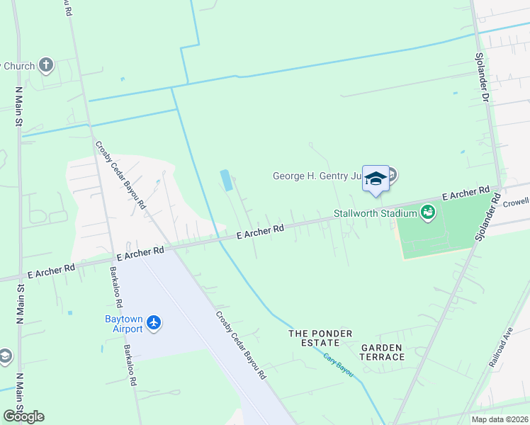 map of restaurants, bars, coffee shops, grocery stores, and more near 1221 East Archer Road in Baytown