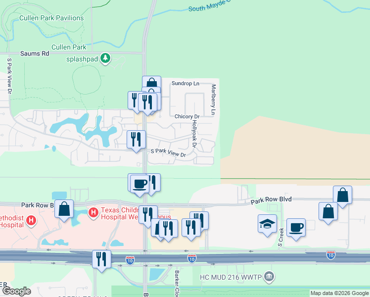 map of restaurants, bars, coffee shops, grocery stores, and more near 1800 Barker Cypress Road in Houston