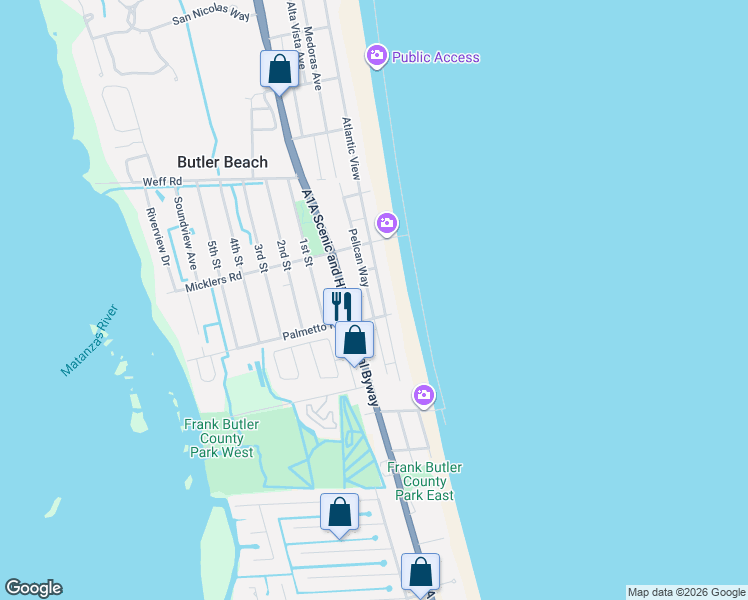 map of restaurants, bars, coffee shops, grocery stores, and more near 5489 Pelican Way in St. Augustine