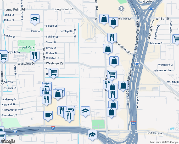 map of restaurants, bars, coffee shops, grocery stores, and more near in Houston