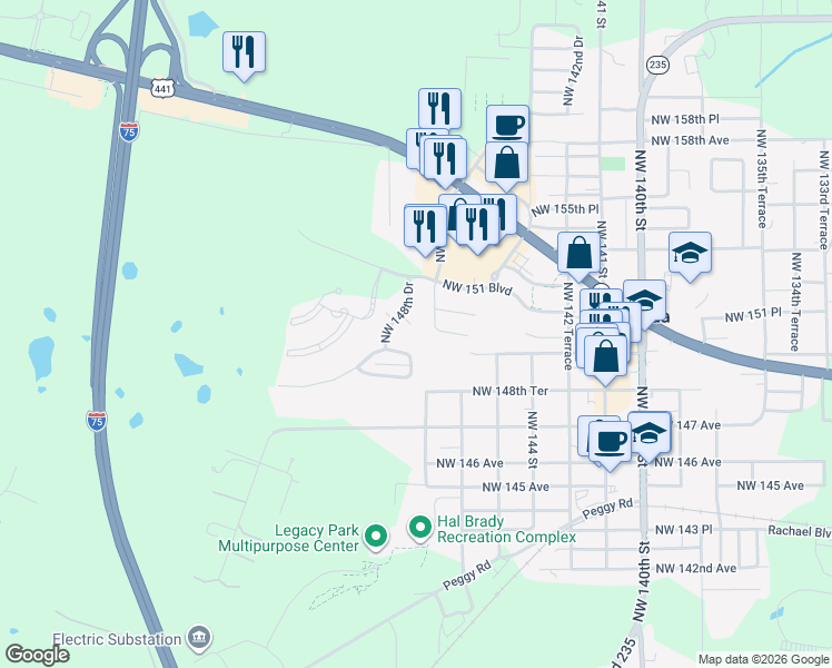map of restaurants, bars, coffee shops, grocery stores, and more near 14812 Northwest 149th Road in Alachua