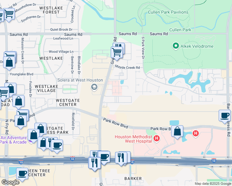 map of restaurants, bars, coffee shops, grocery stores, and more near 2040 Greenhouse Road in Houston