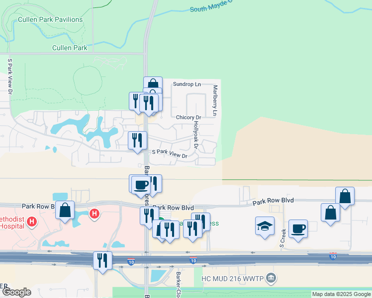map of restaurants, bars, coffee shops, grocery stores, and more near 1800 Barker Cypress Road in Houston