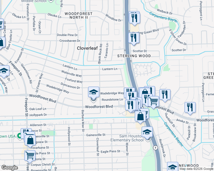 map of restaurants, bars, coffee shops, grocery stores, and more near 14423 Duncannon Drive in Houston