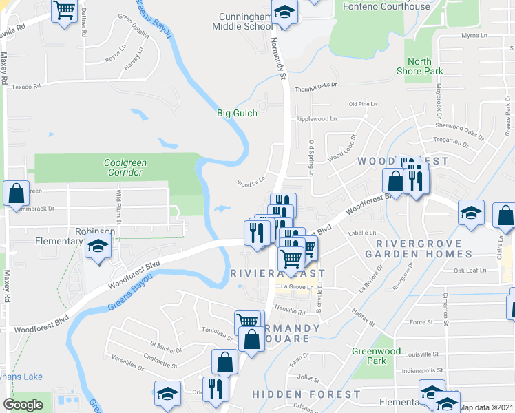 map of restaurants, bars, coffee shops, grocery stores, and more near 450 Normandy Street in Houston