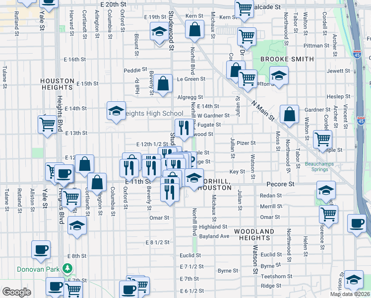 map of restaurants, bars, coffee shops, grocery stores, and more near 4016 Oakridge Street in Houston