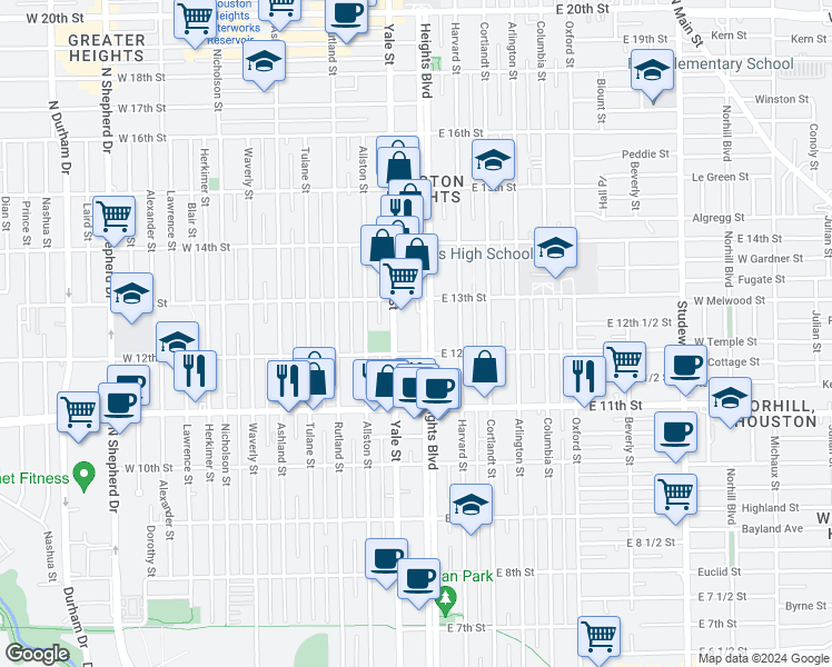 map of restaurants, bars, coffee shops, grocery stores, and more near in Houston