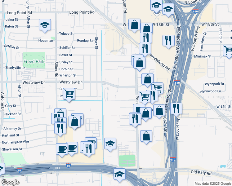 map of restaurants, bars, coffee shops, grocery stores, and more near in Houston