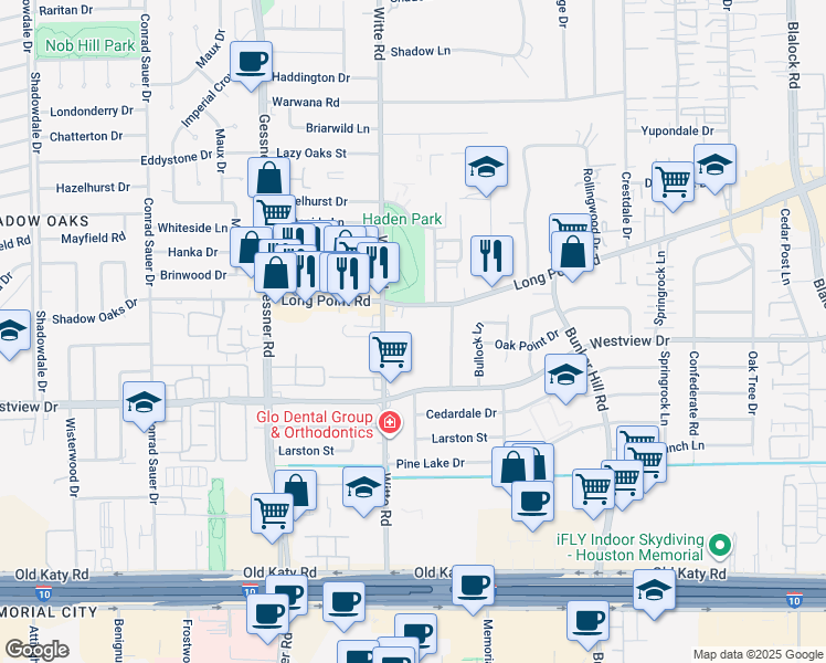 map of restaurants, bars, coffee shops, grocery stores, and more near 9933 Long Point Road in Houston