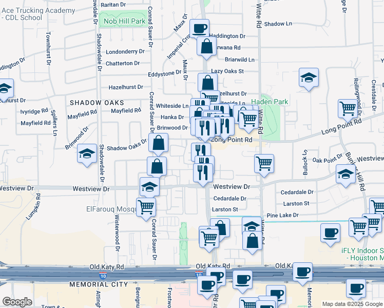 map of restaurants, bars, coffee shops, grocery stores, and more near 10144 Beekman Place Drive in Houston