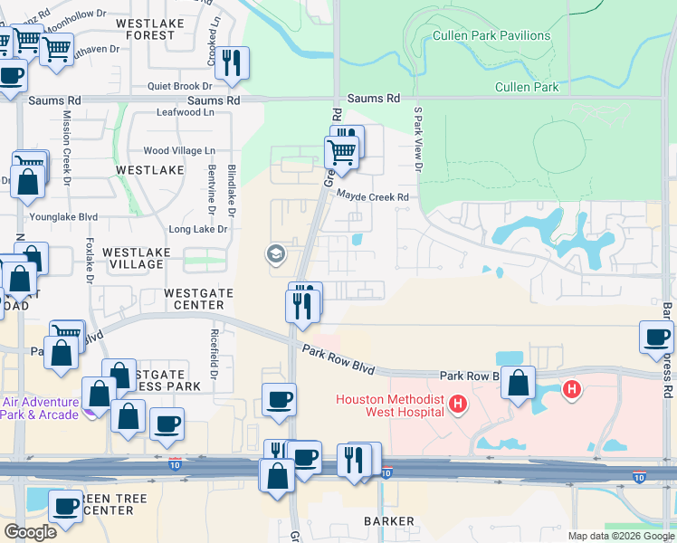 map of restaurants, bars, coffee shops, grocery stores, and more near 2040 Greenhouse Road in Houston