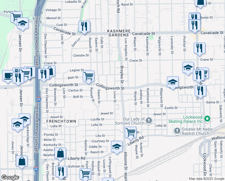 map of restaurants, bars, coffee shops, grocery stores, and more near 3428 Milbrad Street in Houston