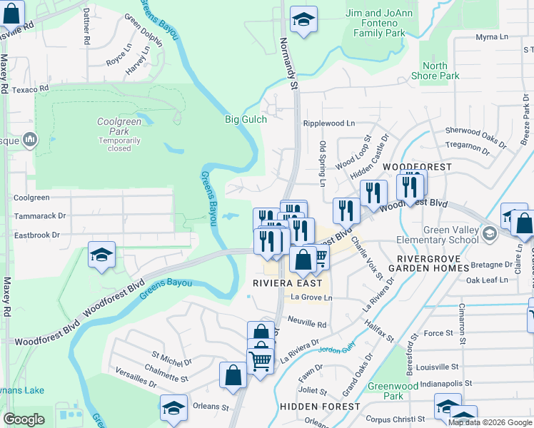 map of restaurants, bars, coffee shops, grocery stores, and more near 450 Normandy Street in Houston