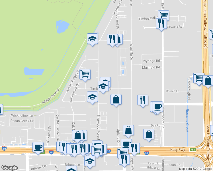 map of restaurants, bars, coffee shops, grocery stores, and more near 11060 Timberline Rd in Houston