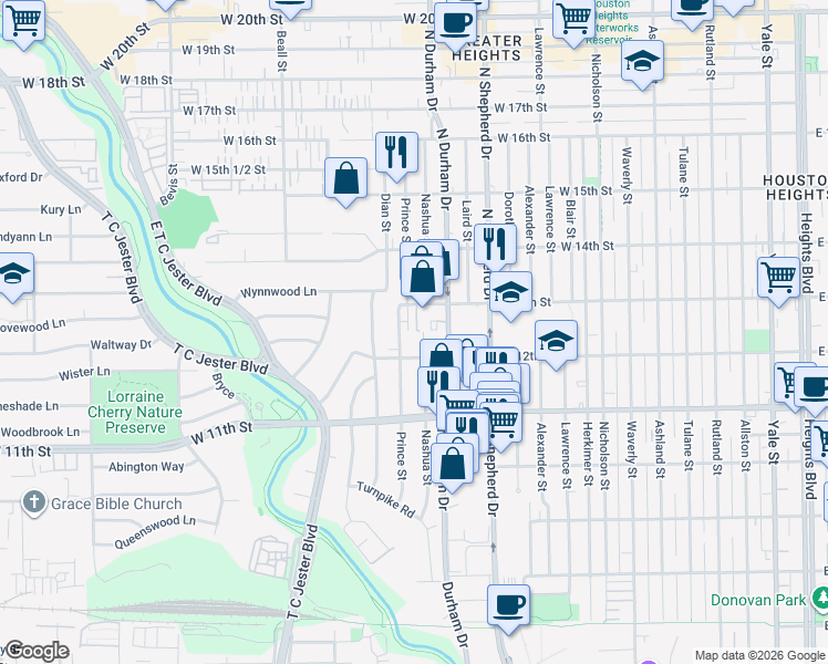 map of restaurants, bars, coffee shops, grocery stores, and more near 1632 West 13th Street in Houston