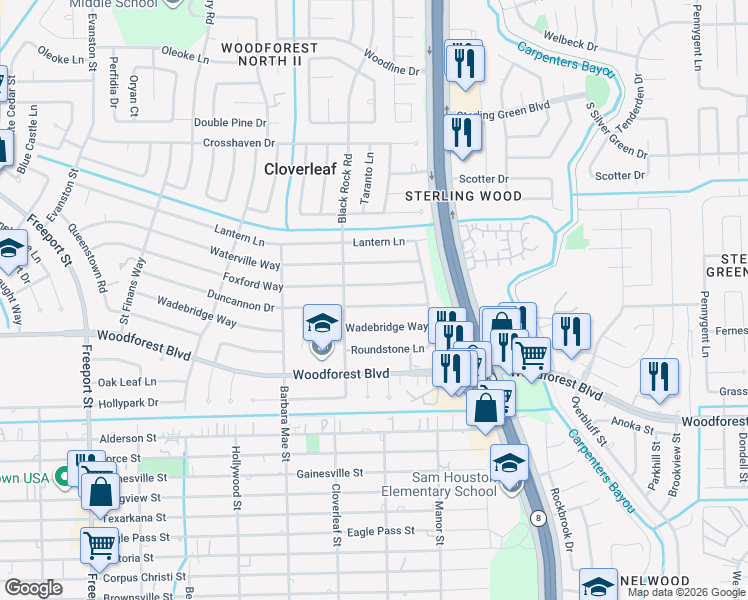 map of restaurants, bars, coffee shops, grocery stores, and more near 14423 Duncannon Dr in Houston