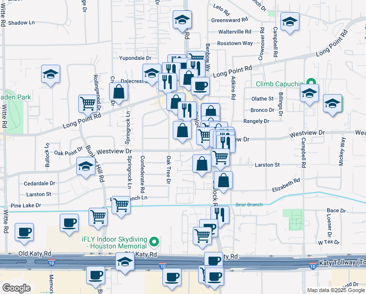 map of restaurants, bars, coffee shops, grocery stores, and more near 9500 Westview Drive in Houston