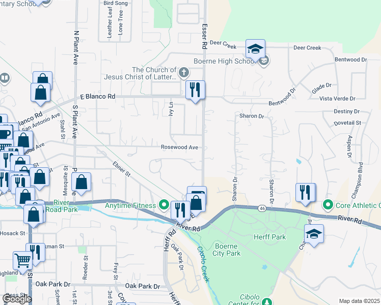 map of restaurants, bars, coffee shops, grocery stores, and more near 105 Stendebach Place in Boerne