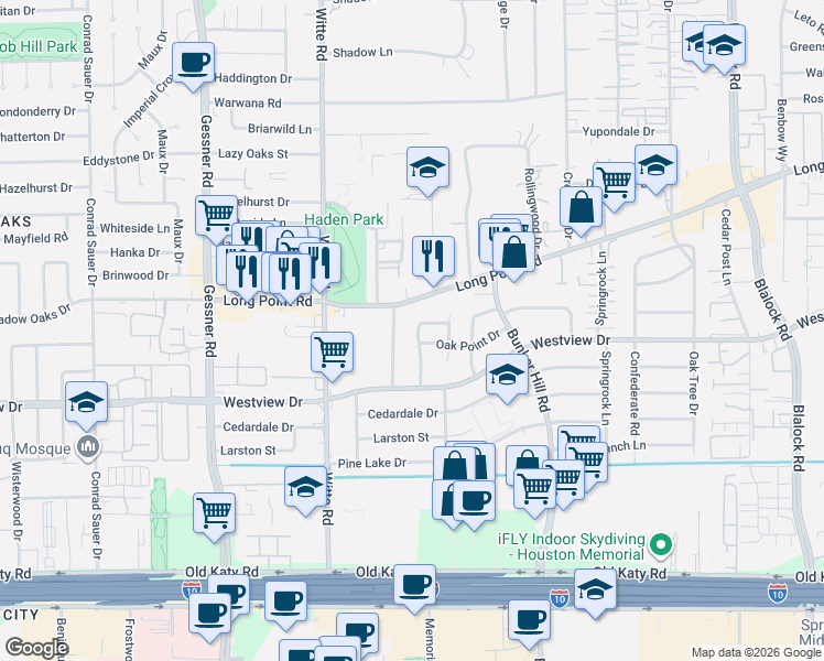 map of restaurants, bars, coffee shops, grocery stores, and more near 1342 Bullock Lane in Houston