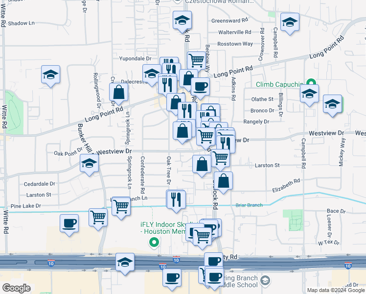 map of restaurants, bars, coffee shops, grocery stores, and more near 9500 Westview Drive in Houston