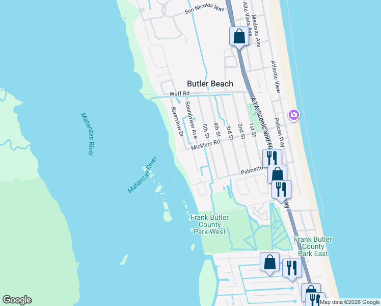 map of restaurants, bars, coffee shops, grocery stores, and more near 327 Micklers Road in St. Augustine