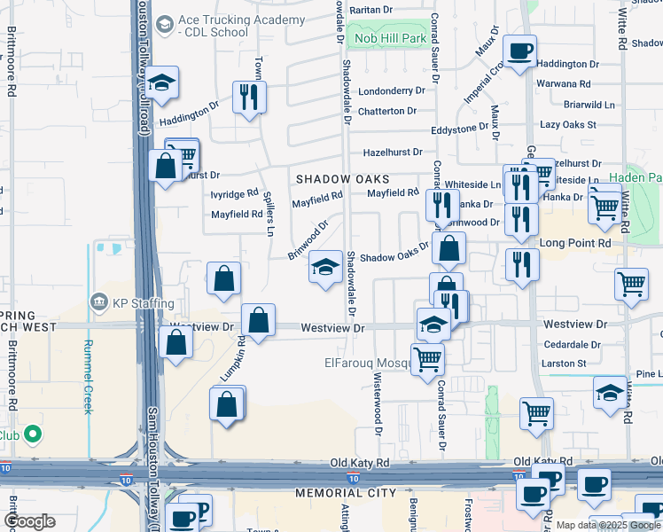 map of restaurants, bars, coffee shops, grocery stores, and more near 10407 Shadow Oaks Drive in Houston
