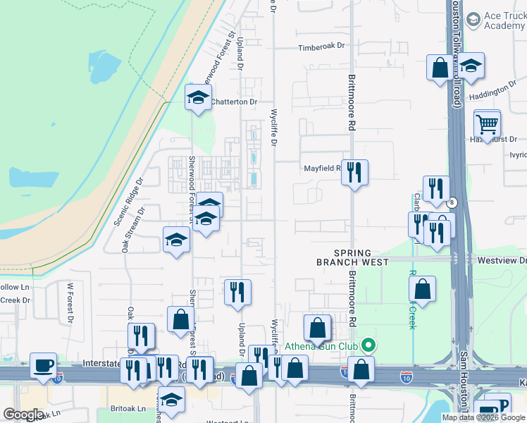 map of restaurants, bars, coffee shops, grocery stores, and more near 1510 Upland Glen Way in Houston