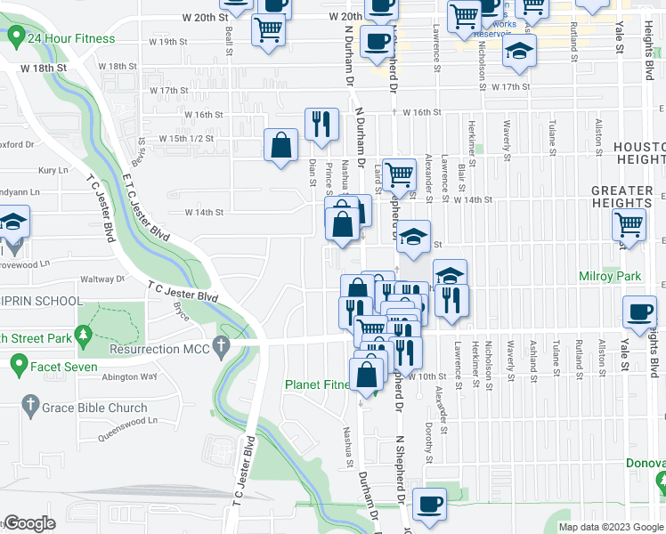 map of restaurants, bars, coffee shops, grocery stores, and more near 1232 Prince Street in Houston