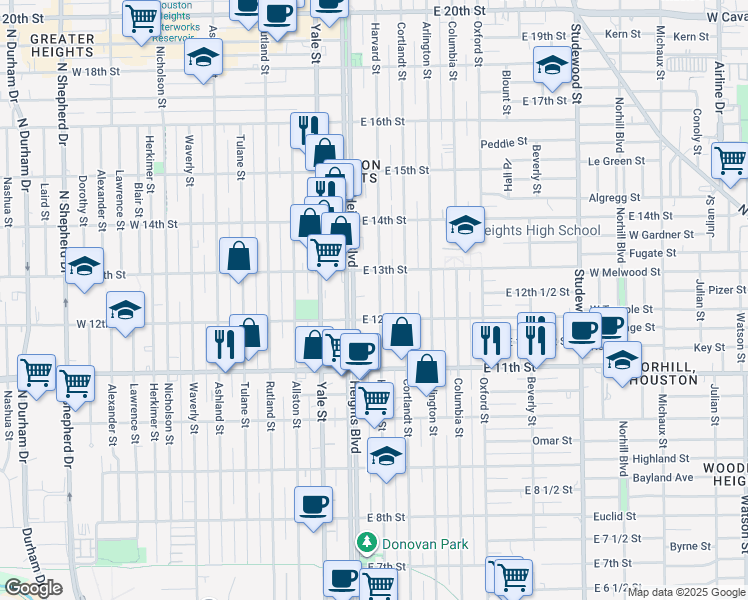 map of restaurants, bars, coffee shops, grocery stores, and more near 1217 Harvard Street in Houston