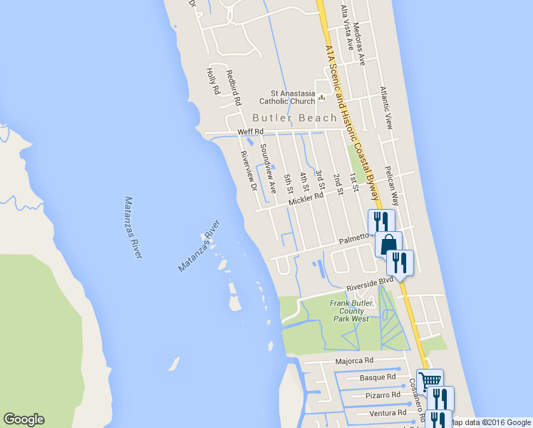 map of restaurants, bars, coffee shops, grocery stores, and more near 327 Micklers Road in St. Augustine