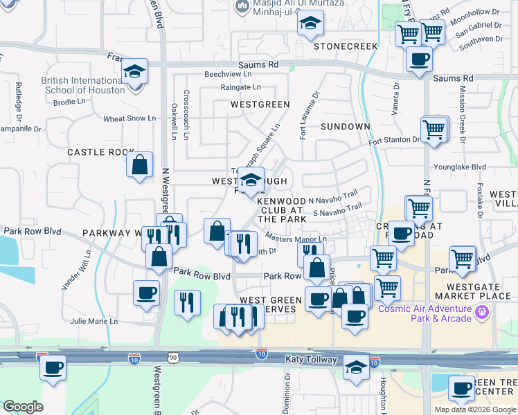 map of restaurants, bars, coffee shops, grocery stores, and more near 2176 Westborough Drive in Katy