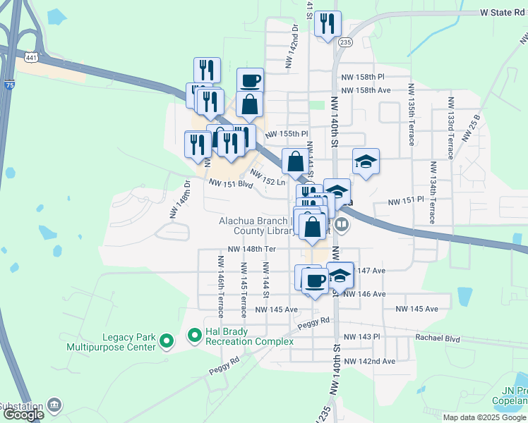map of restaurants, bars, coffee shops, grocery stores, and more near 14401 Northwest 151 Boulevard in Alachua