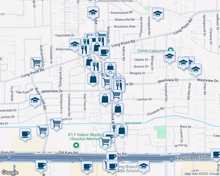 map of restaurants, bars, coffee shops, grocery stores, and more near 1318 Blalock Rd in Houston