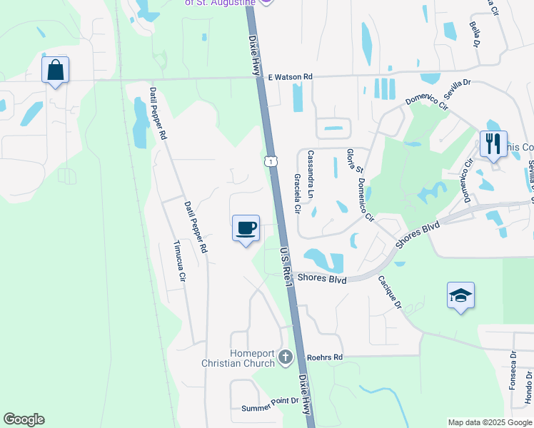 map of restaurants, bars, coffee shops, grocery stores, and more near 5275 Dixie Highway in St. Augustine