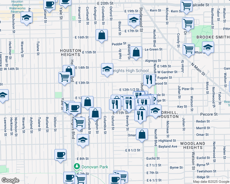 map of restaurants, bars, coffee shops, grocery stores, and more near 627b East 12th Street in Houston