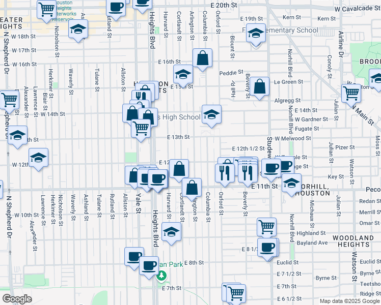 map of restaurants, bars, coffee shops, grocery stores, and more near 1212 Arlington Street in Houston