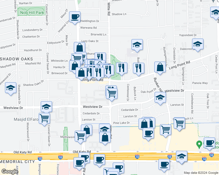 map of restaurants, bars, coffee shops, grocery stores, and more near 9933 Long Point Road in Houston