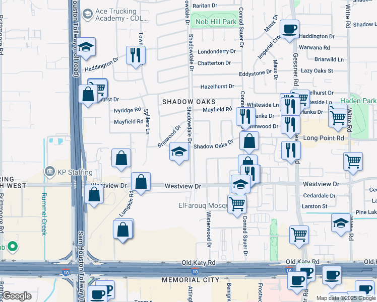 map of restaurants, bars, coffee shops, grocery stores, and more near 10407 Shadow Oaks Drive in Houston