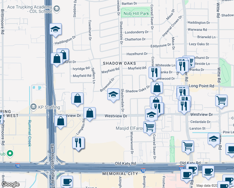 map of restaurants, bars, coffee shops, grocery stores, and more near 10407 Shadow Oaks Drive in Houston