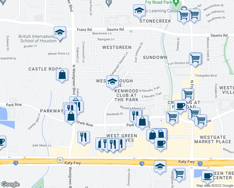 map of restaurants, bars, coffee shops, grocery stores, and more near 2000 Westborough Drive in Katy