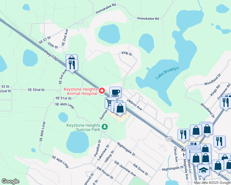 map of restaurants, bars, coffee shops, grocery stores, and more near 7198 King Street in Keystone Heights