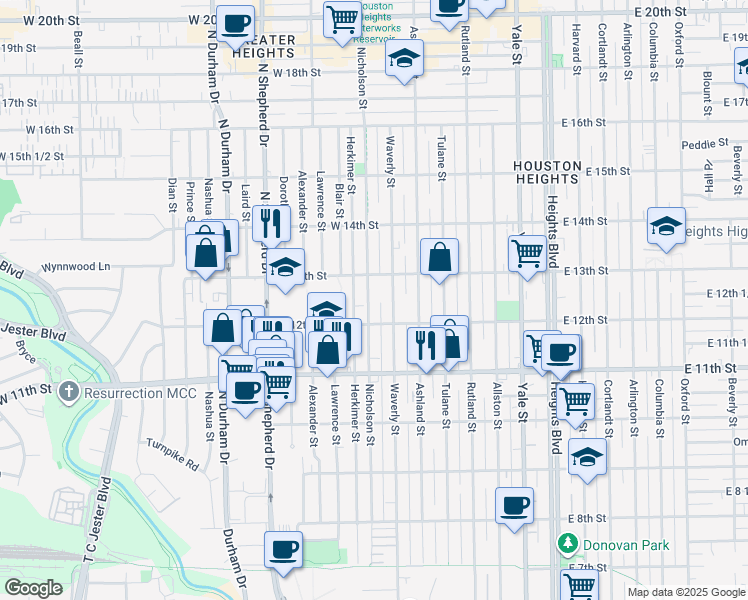 map of restaurants, bars, coffee shops, grocery stores, and more near 1205 Herkimer Street in Houston
