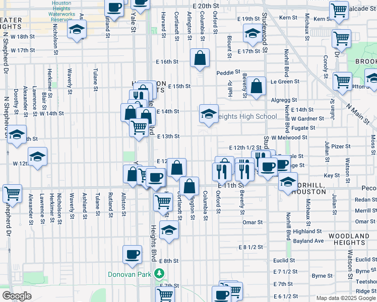 map of restaurants, bars, coffee shops, grocery stores, and more near 1215 Arlington Street in Houston