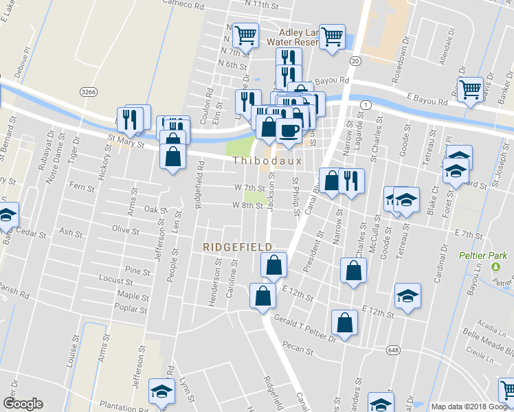 map of restaurants, bars, coffee shops, grocery stores, and more near 801 Harrison Street in Thibodaux