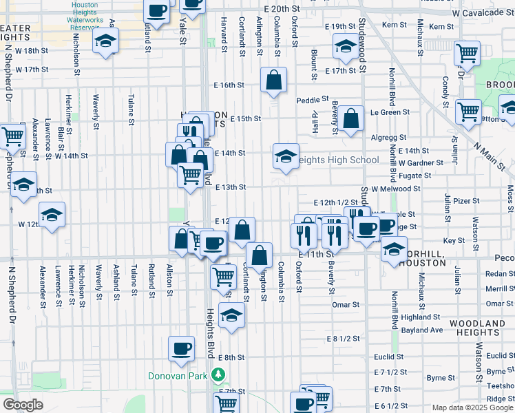 map of restaurants, bars, coffee shops, grocery stores, and more near 1215 Arlington Street in Houston