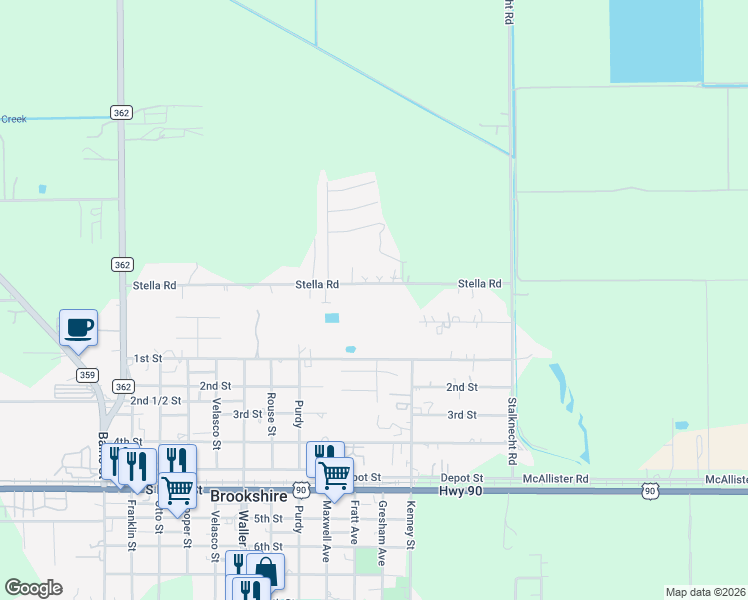 map of restaurants, bars, coffee shops, grocery stores, and more near 3423 Stella Road in Brookshire