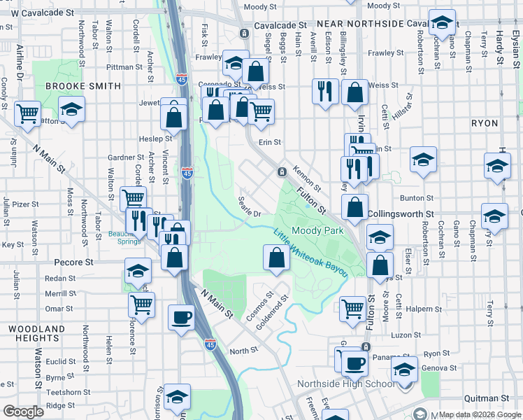 map of restaurants, bars, coffee shops, grocery stores, and more near 3802 Searle Drive in Houston