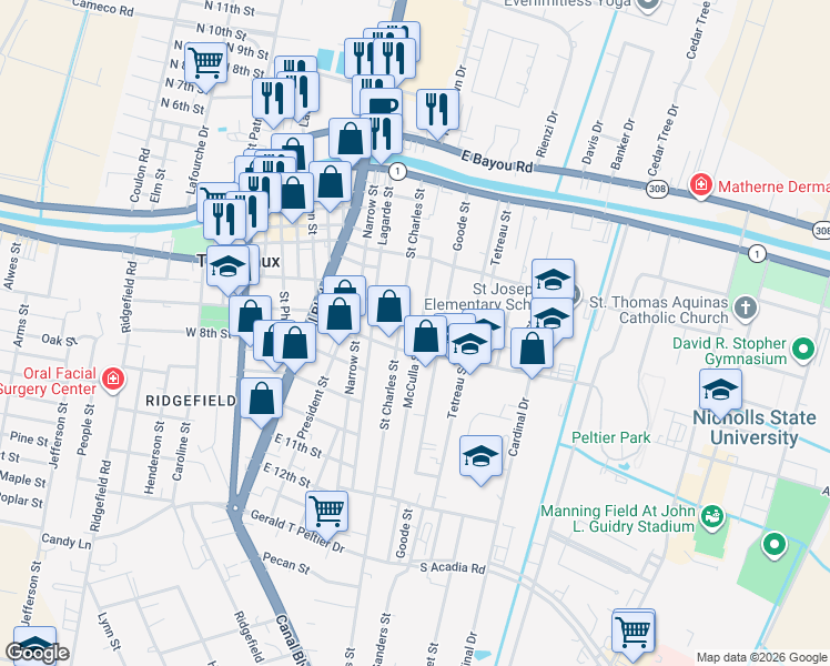 map of restaurants, bars, coffee shops, grocery stores, and more near 532 McCulla Street in Thibodaux