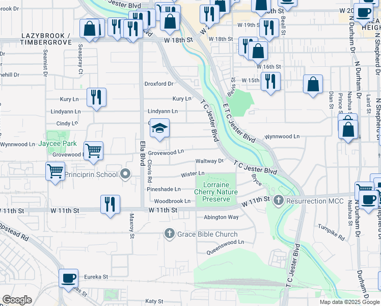 map of restaurants, bars, coffee shops, grocery stores, and more near 6307 Grovewood Lane in Houston