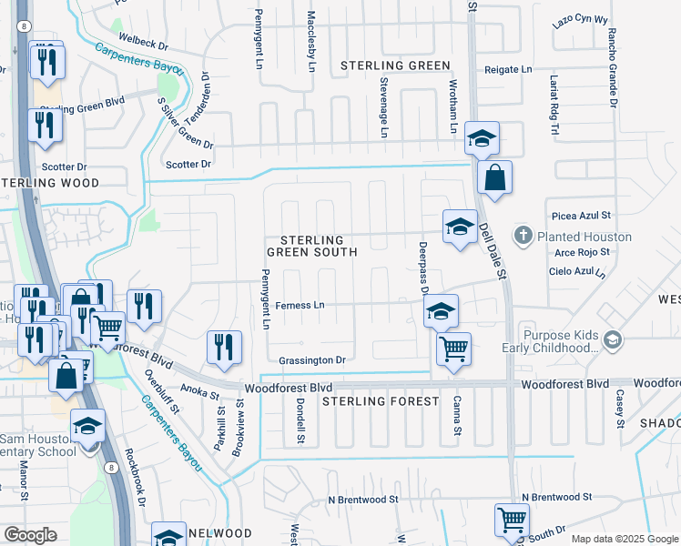 map of restaurants, bars, coffee shops, grocery stores, and more near 942 Somercotes Lane in Channelview